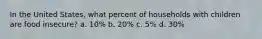 In the United States, what percent of households with children are food insecure? a. 10% b. 20% c. 5% d. 30%