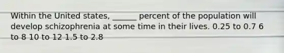 Within the United states, ______ percent of the population will develop schizophrenia at some time in their lives. 0.25 to 0.7 6 to 8 10 to 12 1.5 to 2.8