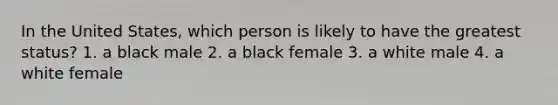 In the United States, which person is likely to have the greatest status? 1. a black male 2. a black female 3. a white male 4. a white female