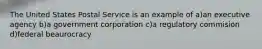 The United States Postal Service is an example of a)an executive agency b)a government corporation c)a regulatory commision d)federal beaurocracy