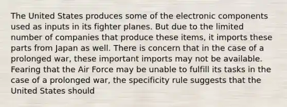 The United States produces some of the electronic components used as inputs in its fighter planes. But due to the limited number of companies that produce these items, it imports these parts from Japan as well. There is concern that in the case of a prolonged war, these important imports may not be available. Fearing that the Air Force may be unable to fulfill its tasks in the case of a prolonged war, the specificity rule suggests that the United States should