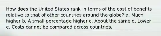 How does the United States rank in terms of the cost of benefits relative to that of other countries around the globe? a. Much higher b. A small percentage higher c. About the same d. Lower e. Costs cannot be compared across countries.