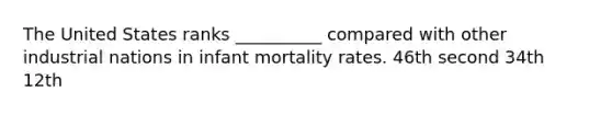 The United States ranks __________ compared with other industrial nations in infant mortality rates. 46th second 34th 12th