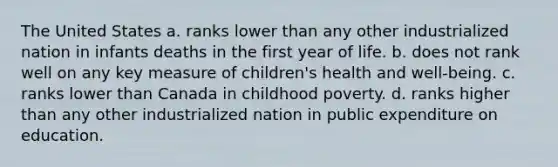 The United States a. ranks lower than any other industrialized nation in infants deaths in the first year of life. b. does not rank well on any key measure of children's health and well-being. c. ranks lower than Canada in childhood poverty. d. ranks higher than any other industrialized nation in public expenditure on education.