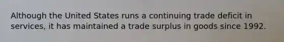 Although the United States runs a continuing trade deficit in services, it has maintained a trade surplus in goods since 1992.