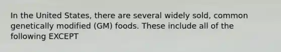 In the United States, there are several widely sold, common genetically modified (GM) foods. These include all of the following EXCEPT