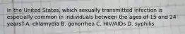 In the United States, which sexually transmitted infection is especially common in individuals between the ages of 15 and 24 years? A. chlamydia B. gonorrhea C. HIV/AIDs D. syphilis