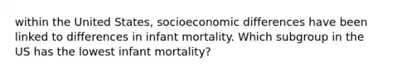 within the United States, socioeconomic differences have been linked to differences in infant mortality. Which subgroup in the US has the lowest infant mortality?