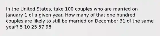 In the United States, take 100 couples who are married on January 1 of a given year. How many of that one hundred couples are likely to still be married on December 31 of the same year? 5 10 25 57 98