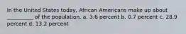 In the United States today, African Americans make up about __________ of the population. a. 3.6 percent b. 0.7 percent c. 28.9 percent d. 13.2 percent