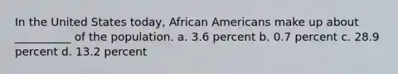 In the United States today, African Americans make up about __________ of the population. a. 3.6 percent b. 0.7 percent c. 28.9 percent d. 13.2 percent