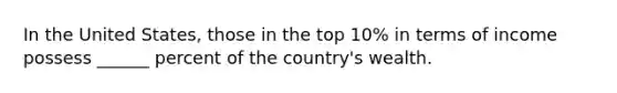 In the United States, those in the top 10% in terms of income possess ______ percent of the country's wealth.