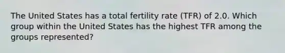 The United States has a total fertility rate (TFR) of 2.0. Which group within the United States has the highest TFR among the groups represented?