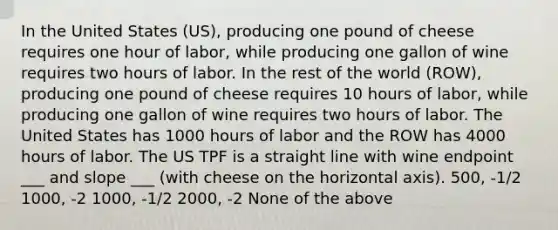 In the United States (US), producing one pound of cheese requires one hour of labor, while producing one gallon of wine requires two hours of labor. In the rest of the world (ROW), producing one pound of cheese requires 10 hours of labor, while producing one gallon of wine requires two hours of labor. The United States has 1000 hours of labor and the ROW has 4000 hours of labor. The US TPF is a straight line with wine endpoint ___ and slope ___ (with cheese on the horizontal axis). 500, -1/2 1000, -2 1000, -1/2 2000, -2 None of the above