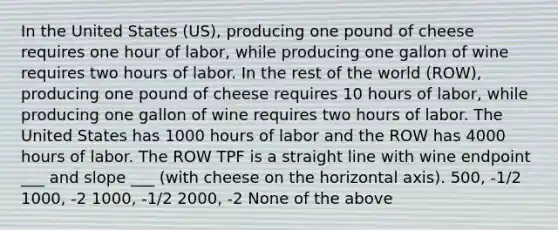 In the United States (US), producing one pound of cheese requires one hour of labor, while producing one gallon of wine requires two hours of labor. In the rest of the world (ROW), producing one pound of cheese requires 10 hours of labor, while producing one gallon of wine requires two hours of labor. The United States has 1000 hours of labor and the ROW has 4000 hours of labor. The ROW TPF is a straight line with wine endpoint ___ and slope ___ (with cheese on the horizontal axis). 500, -1/2 1000, -2 1000, -1/2 2000, -2 None of the above