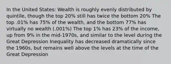 In the United States: Wealth is roughly evenly distributed by quintile, though the top 20% still has twice the bottom 20% The top .01% has 75% of the wealth, and the bottom 77% has virtually no wealth (.001%) The top 1% has 23% of the income, up from 9% in the mid-1970s, and similar to the level during the Great Depression Inequality has decreased dramatically since the 1960s, but remains well above the levels at the time of the Great Depression