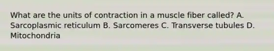 What are the units of contraction in a muscle fiber called? A. Sarcoplasmic reticulum B. Sarcomeres C. Transverse tubules D. Mitochondria