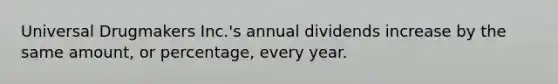 Universal Drugmakers Inc.'s annual dividends increase by the same amount, or percentage, every year.