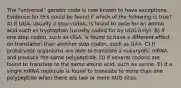 The "universal" genetic code is now known to have exceptions. Evidence for this could be found if which of the following is true? A) If UGA, usually a stop codon, is found to code for an amino acid such as tryptophan (usually coded for by UGG only). B) If one stop codon, such as UGA, is found to have a different effect on translation than another stop codon, such as UAA. C) If prokaryotic organisms are able to translate a eukaryotic mRNA and produce the same polypeptide. D) If several codons are found to translate to the same amino acid, such as serine. E) If a single mRNA molecule is found to translate to more than one polypeptide when there are two or more AUG sites.