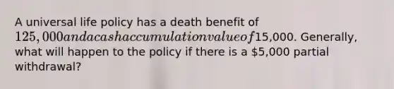 A universal life policy has a death benefit of 125,000 and a cash accumulation value of15,000. Generally, what will happen to the policy if there is a 5,000 partial withdrawal?