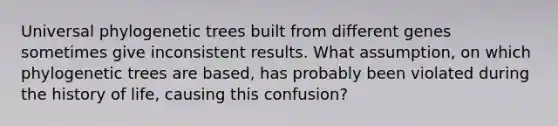 Universal phylogenetic trees built from different genes sometimes give inconsistent results. What assumption, on which phylogenetic trees are based, has probably been violated during the history of life, causing this confusion?