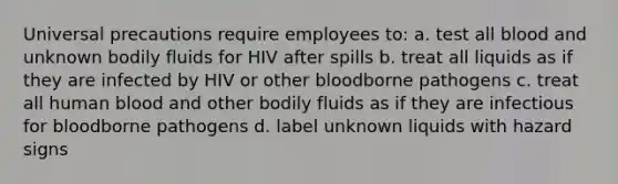 Universal precautions require employees to: a. test all blood and unknown bodily fluids for HIV after spills b. treat all liquids as if they are infected by HIV or other bloodborne pathogens c. treat all human blood and other bodily fluids as if they are infectious for bloodborne pathogens d. label unknown liquids with hazard signs