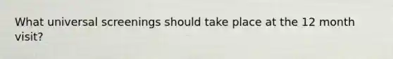 What universal screenings should take place at the 12 month visit?