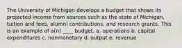 The University of Michigan develops a budget that shows its projected income from sources such as the state of Michigan, tuition and fees, alumni contributions, and research grants. This is an example of a(n) ____ budget. a. operations b. capital expenditures c. nonmonetary d. output e. revenue