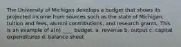 The University of Michigan develops a budget that shows its projected income from sources such as the state of Michigan, tuition and fees, alumni contributions, and research grants. This is an example of a(n) ____ budget. a. revenue b. output c. capital expenditures d. balance sheet