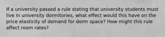 If a university passed a rule stating that university students must live in university dormitories, what effect would this have on the price elasticity of demand for dorm space? How might this rule affect room rates?