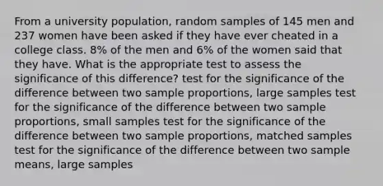 From a university population, random samples of 145 men and 237 women have been asked if they have ever cheated in a college class. 8% of the men and 6% of the women said that they have. What is the appropriate test to assess the significance of this difference? test for the significance of the difference between two sample proportions, large samples test for the significance of the difference between two sample proportions, small samples test for the significance of the difference between two sample proportions, matched samples test for the significance of the difference between two sample means, large samples