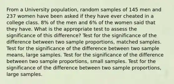 From a University population, random samples of 145 men and 237 women have been asked if they have ever cheated in a college class. 8% of the men and 6% of the women said that they have. What is the appropriate test to assess the significance of this difference? Test for the significance of the difference between two sample proportions, matched samples. Test for the significance of the difference between two sample means, large samples. Test for the significance of the difference between two sample proportions, small samples. Test for the significance of the difference between two sample proportions, large samples.