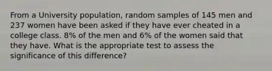 From a University population, random samples of 145 men and 237 women have been asked if they have ever cheated in a college class. 8% of the men and 6% of the women said that they have. What is the appropriate test to assess the significance of this difference?