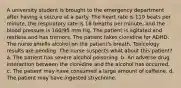 A university student is brought to the emergency department after having a seizure at a party. The heart rate is 110 beats per minute, the respiratory rate is 18 breaths per minute, and the blood pressure is 160/95 mm Hg. The patient is agitated and restless and has tremors. The patient takes clonidine for ADHD. The nurse smells alcohol on the patient's breath. Toxicology results are pending. The nurse suspects what about this patient? a. The patient has severe alcohol poisoning. b. An adverse drug interaction between the clonidine and the alcohol has occurred. c. The patient may have consumed a large amount of caffeine. d. The patient may have ingested strychnine.