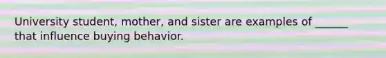 University student, mother, and sister are examples of ______ that influence buying behavior.