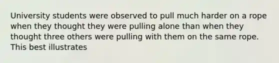 University students were observed to pull much harder on a rope when they thought they were pulling alone than when they thought three others were pulling with them on the same rope. This best illustrates