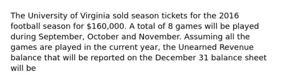 The University of Virginia sold season tickets for the 2016 football season for 160,000. A total of 8 games will be played during September, October and November. Assuming all the games are played in the current year, the Unearned Revenue balance that will be reported on the December 31 balance sheet will be