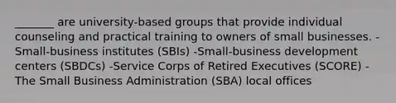 _______ are university-based groups that provide individual counseling and practical training to owners of small businesses. -Small-business institutes (SBIs) -Small-business development centers (SBDCs) -Service Corps of Retired Executives (SCORE) -The Small Business Administration (SBA) local offices