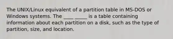 The UNIX/Linux equivalent of a partition table in MS-DOS or Windows systems. The ____ _____ is a table containing information about each partition on a disk, such as the type of partition, size, and location.