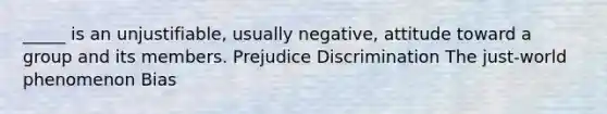 _____ is an unjustifiable, usually negative, attitude toward a group and its members. Prejudice Discrimination The just-world phenomenon Bias