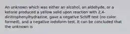 An unknown which was either an alcohol, an aldehyde, or a ketone produced a yellow solid upon reaction with 2,4-dinitrophenylhydrazine, gave a negative Schiff test (no color formed), and a negative iodoform test. It can be concluded that the unknown is