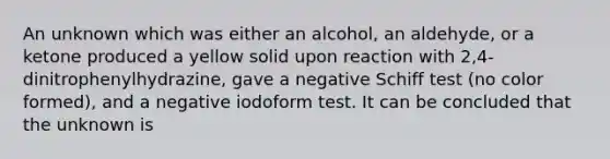 An unknown which was either an alcohol, an aldehyde, or a ketone produced a yellow solid upon reaction with 2,4-dinitrophenylhydrazine, gave a negative Schiff test (no color formed), and a negative iodoform test. It can be concluded that the unknown is