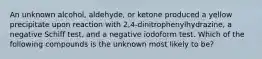 An unknown alcohol, aldehyde, or ketone produced a yellow precipitate upon reaction with 2,4-dinitrophenylhydrazine, a negative Schiff test, and a negative iodoform test. Which of the following compounds is the unknown most likely to be?