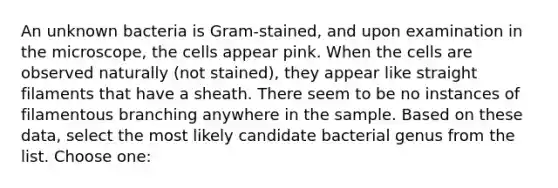 An unknown bacteria is Gram-stained, and upon examination in the microscope, the cells appear pink. When the cells are observed naturally (not stained), they appear like straight filaments that have a sheath. There seem to be no instances of filamentous branching anywhere in the sample. Based on these data, select the most likely candidate bacterial genus from the list. Choose one: