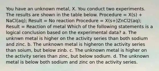 You have an unknown metal, X. You conduct two experiments. The results are shown in the table below. Procedure = X(s) + NaCl(aq); Result = No reaction Procedure = X(s+)ZnCl2(aq); Result = Reaction of metal Which of the following statements is a logical conclusion based on the experimental data? a. The unknwn metal is higher on the activity series than both sodium and zinc. b. The unknown metal is higheron the activity series than soium, but below zinb. c. The unknown metal is higher on the activity series than zinc, but below sodium. d. The unknown metal is below both sodium and zinc on the activity series.