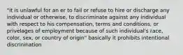 "it is unlawful for an er to fail or refuse to hire or discharge any individual or otherwise, to discriminate against any individual with respect to his compensation, terms and conditions, or privelages of employment because of such individual's race, color, sex, or country of origin" basically it prohibits intentional discrinination