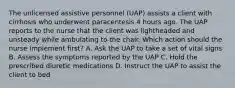 The unlicensed assistive personnel (UAP) assists a client with cirrhosis who underwent paracentesis 4 hours ago. The UAP reports to the nurse that the client was lightheaded and unsteady while ambulating to the chair. Which action should the nurse implement first? A. Ask the UAP to take a set of vital signs B. Assess the symptoms reported by the UAP C. Hold the prescribed diuretic medications D. Instruct the UAP to assist the client to bed