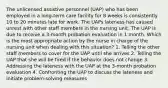 The unlicensed assistive personnel (UAP) who has been employed in a long-term care facility for 8 weeks is consistently 10 to 20 minutes late for work. The UAPs lateness has caused unrest with other staff members in the nursing unit. The UAP is due to receive a 3-month probation evaluation in 1 month. Which is the most appropriate action by the nurse in charge of the nursing unit when dealing with this situation? 1. Telling the other staff members to cover for the UAP until she arrives 2. Telling the UAP that she will be fired if the behavior does not change 3. Addressing the lateness with the UAP at the 3-month probation evaluation 4. Confronting the UAP to discuss the lateness and initiate problem-solving measures