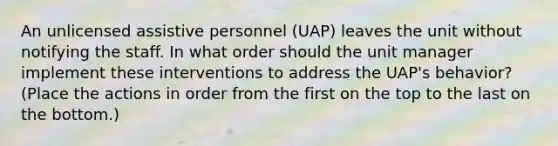 An unlicensed assistive personnel (UAP) leaves the unit without notifying the staff. In what order should the unit manager implement these interventions to address the UAP's behavior? (Place the actions in order from the first on the top to the last on the bottom.)