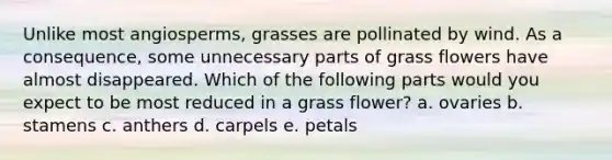 Unlike most angiosperms, grasses are pollinated by wind. As a consequence, some unnecessary parts of grass flowers have almost disappeared. Which of the following parts would you expect to be most reduced in a grass flower? a. ovaries b. stamens c. anthers d. carpels e. petals